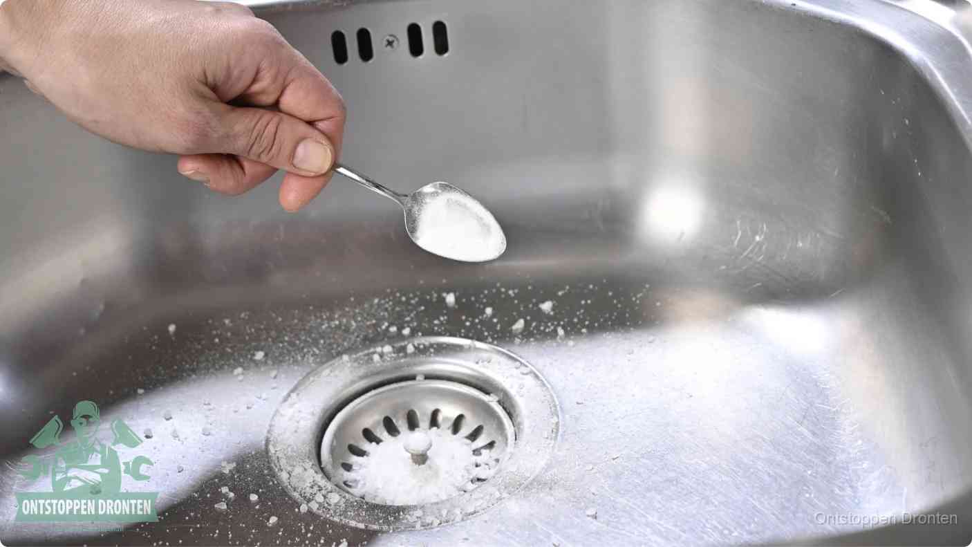 Een hand strooit met een lepel soda in de afvoer van een roestvrijstalen spoelbak, de soda en azijn huismiddel-methode om de afvoer te ontstoppen in Dronten