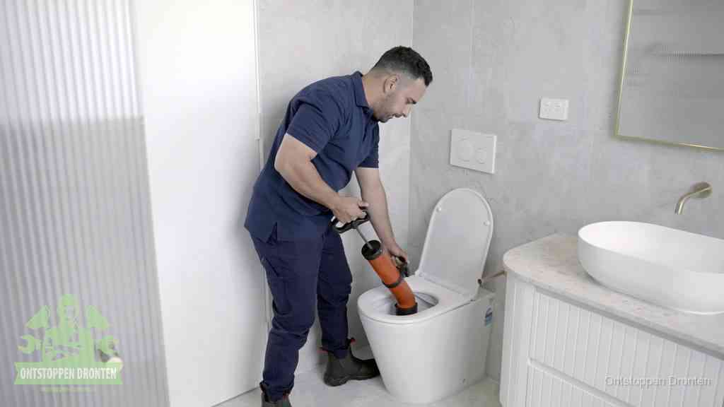 Een monteur buigt over een wandcloset en duwt met de hand een persluchtontstopper in de toiletpot om de verstopping handmatig los te maken in Dronten