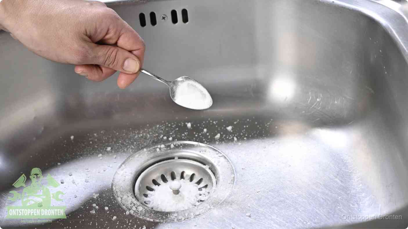 Een hand strooit met een lepel soda in een afvoerputje, de soda en azijn huismiddel-methode om de wc te ontstoppen in Dronten