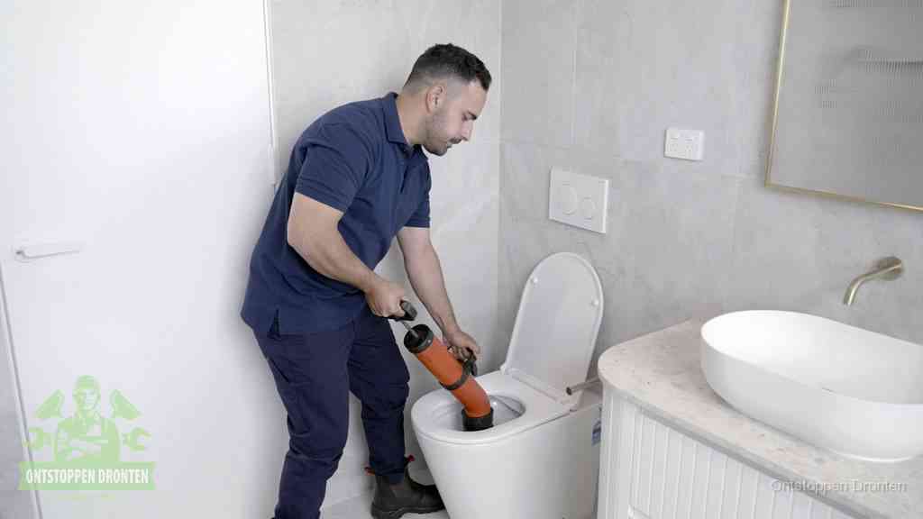 Een monteur gebruikt een handmatige perspomp (toiletontstopper) op een wandcloset tijdens het professioneel wc ontstoppen in Dronten