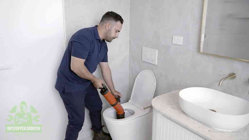 Een man gebruikt een handmatige luchtdruk-ontstopper in een modern betegeld toilet om zelf de wc te ontstoppen in Dronten
